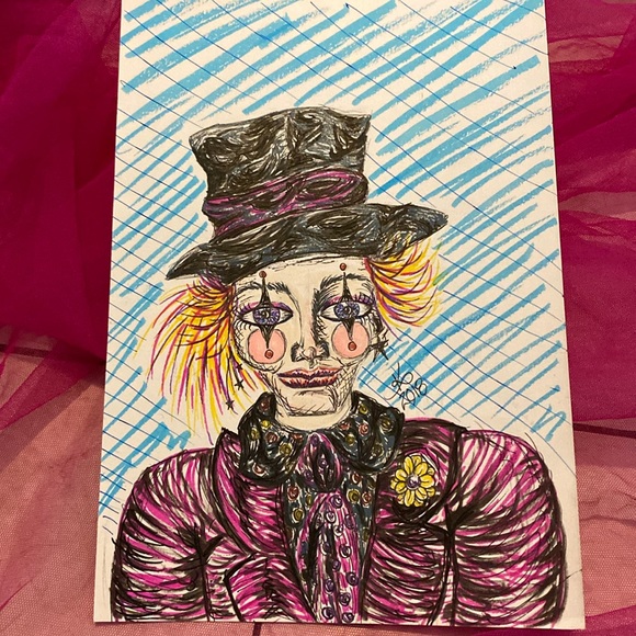 Unframed Original Art Drawing of Female Clown Made w Vibrant Markers & ink - Picture 1 of 3